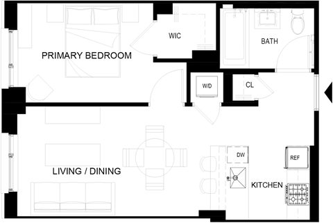 Floor plan for 1 bed, 1 bath, 509 sqft